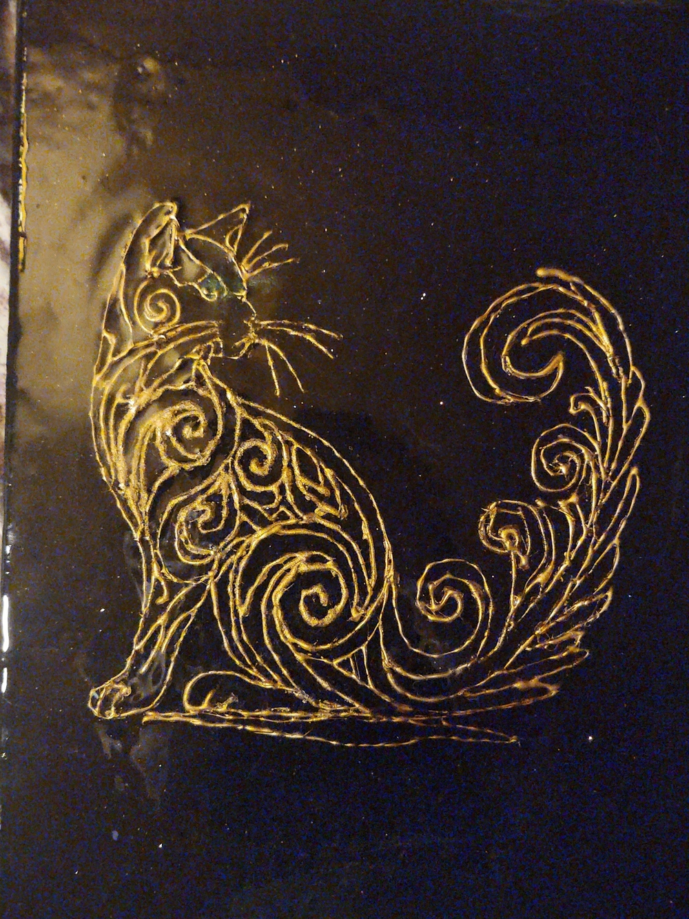Original 12x16 Gold Swirl Cat Wall Art Painting - Elegant Resin Coated